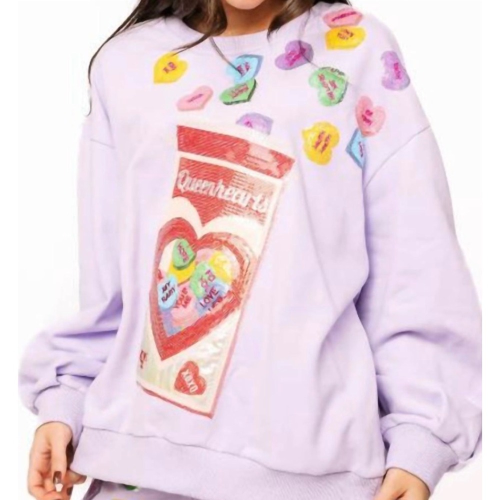 Queen of Sparkles Queenhearts Conversation Heart Sequin Sweatshirt Purple Medium